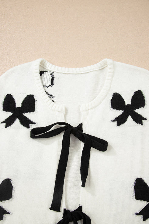 Ribbon Tie Front Bow Jacquard Knit Cardigan